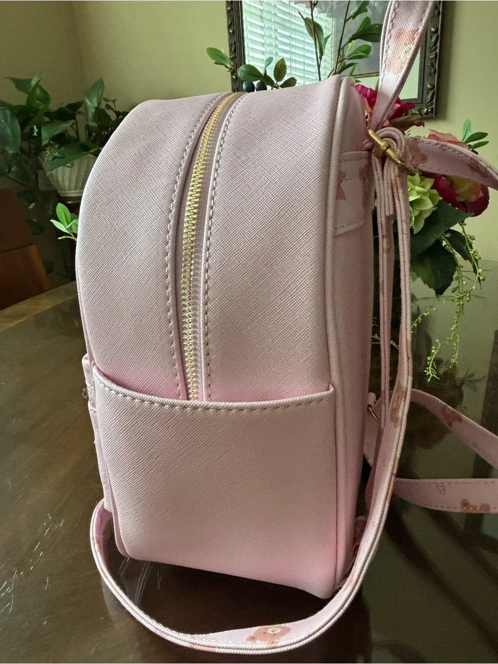 Under One Sky Light Pink Mini Backpack with Faux Fur Pom Pom and Gold Accents